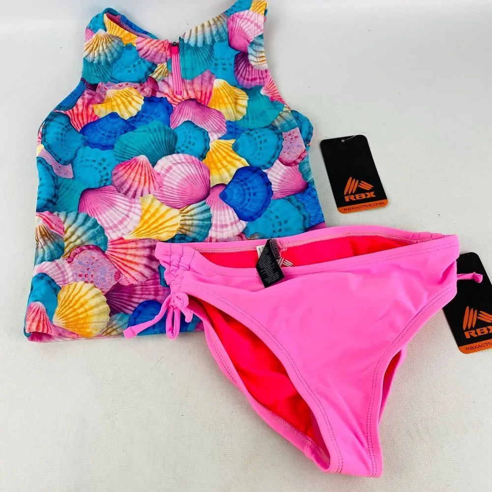 Youth Girls‎ Medium 8 RBX Tankini Multicolor Seashells Pink 2 Piece Swimsuit